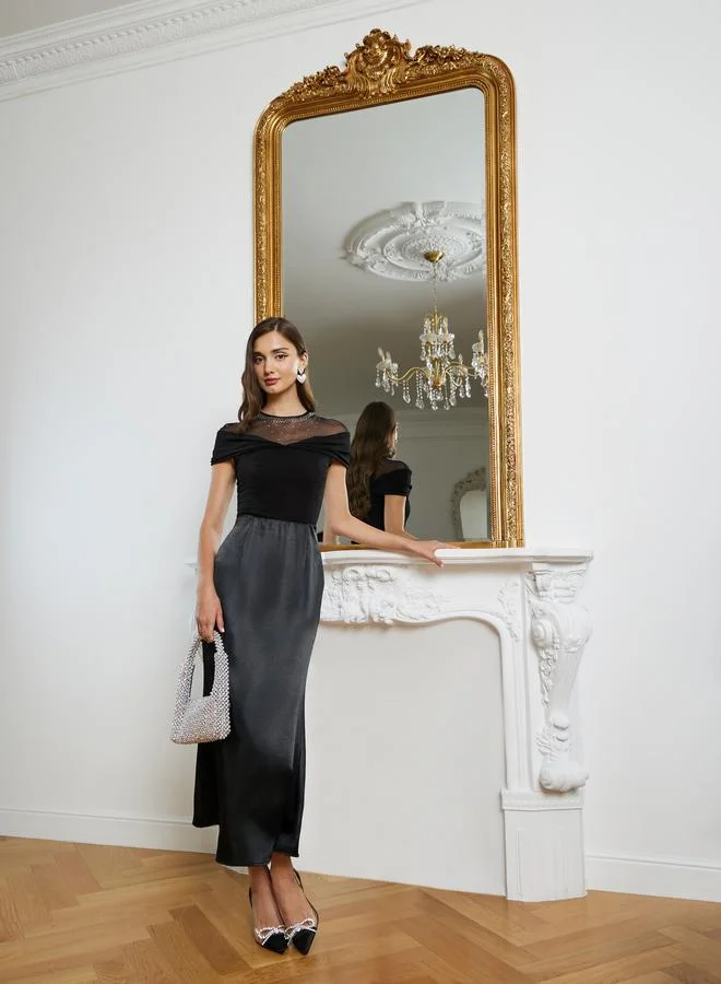 Styli Women Black Mesh Embellished Top